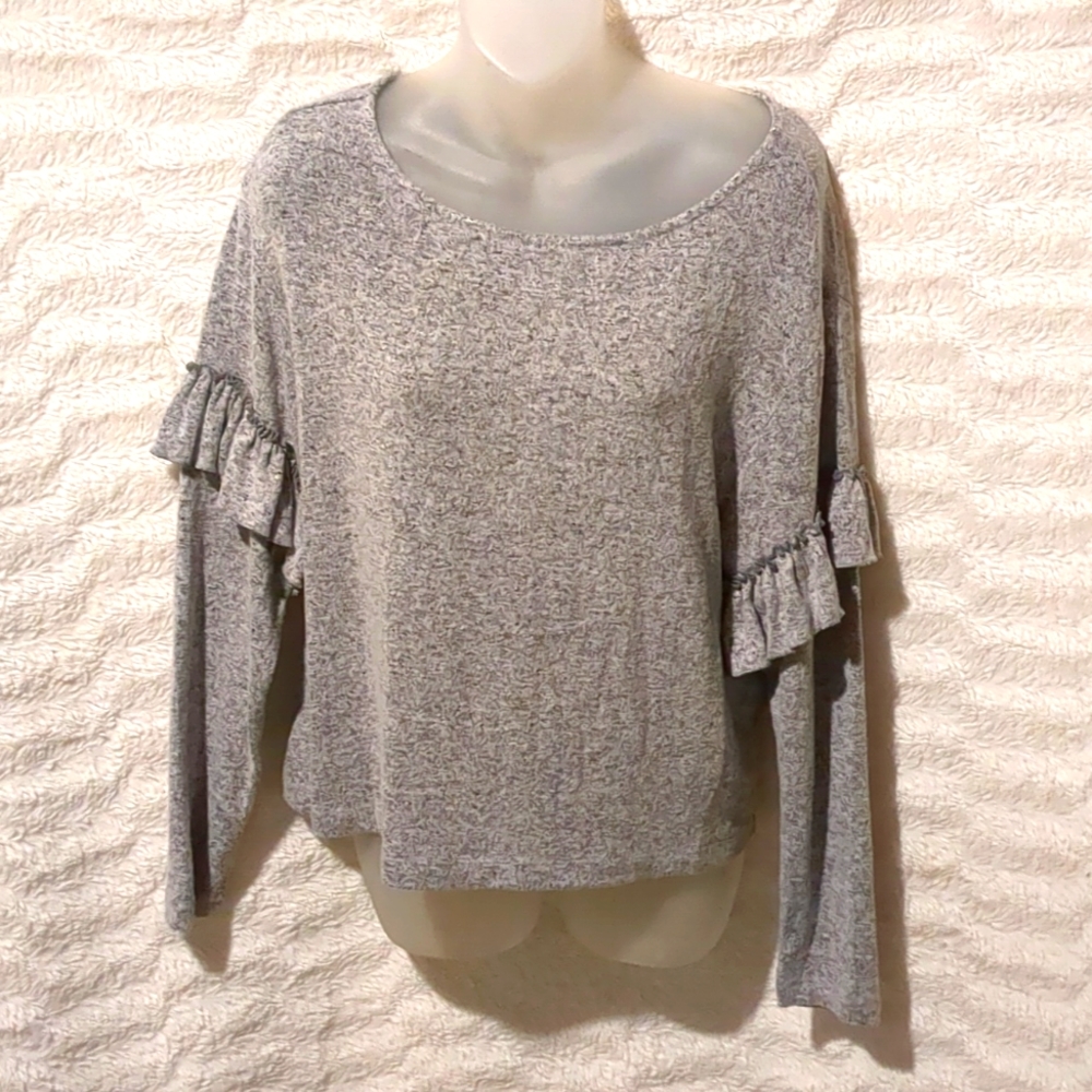 WHITE HOUSE BLACK MARKET Gray SWEATER Sz S Ruffle Long Sleeve